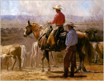 オリジナルのカウボーイ ウエスタン アート Painting - 西部の農場オリジナルのカウボーイとその牛